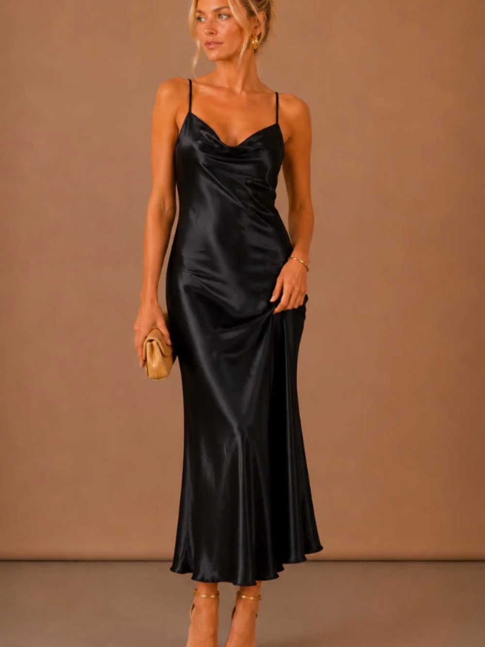 Black Satin Slip Midi Dress - Elegant Women’s Evening Dress Ladivine